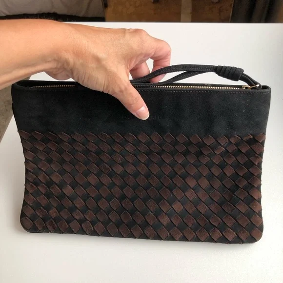 Bottega Veneta Intrecciato Brown Black Woven Suede Leather Wristlet Clutch Bag - Picture 4 of 12